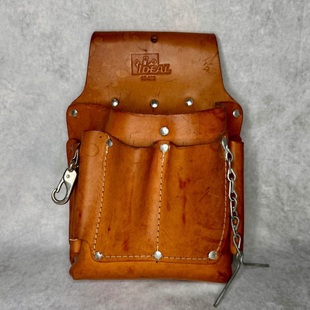 Ideal 10-466 Tuff-Tote Leather Tool Pouch Tan Multi Pocket Belt Organizer